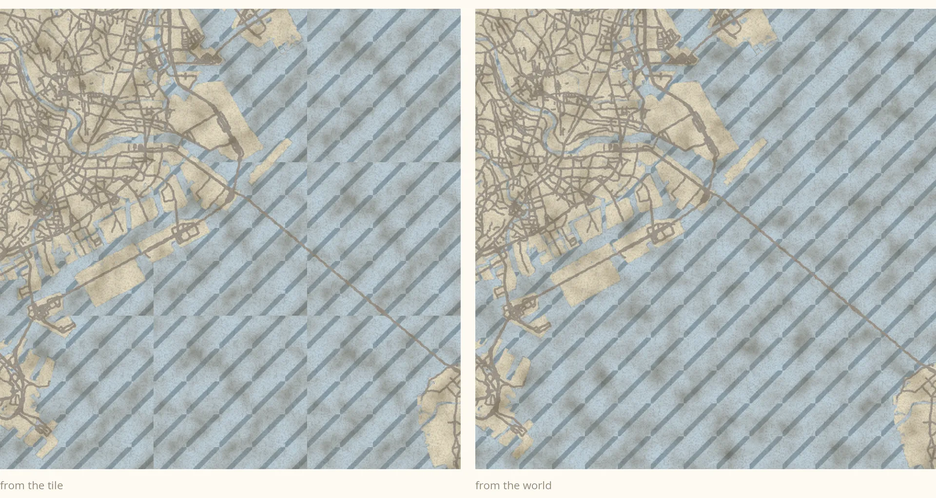 Left: randomness taken from tile coordinates — the hatching changes phase at every tile. Right: taken from world coordinates — it runs straight across the boundary
