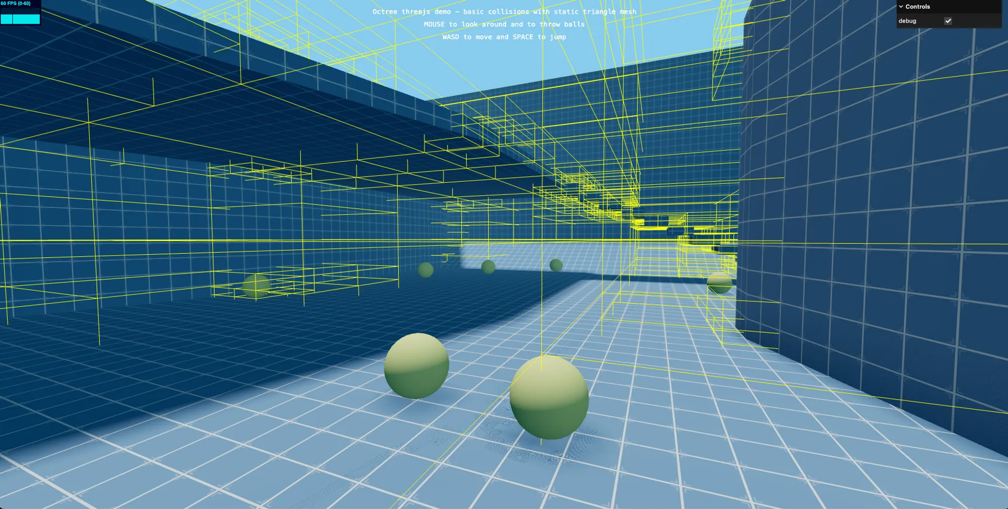 xample of an octree in Three.js. Clicking sends a ball flying, which bounces upon colliding with another model.
https://threejs.org/examples/games_fps.html