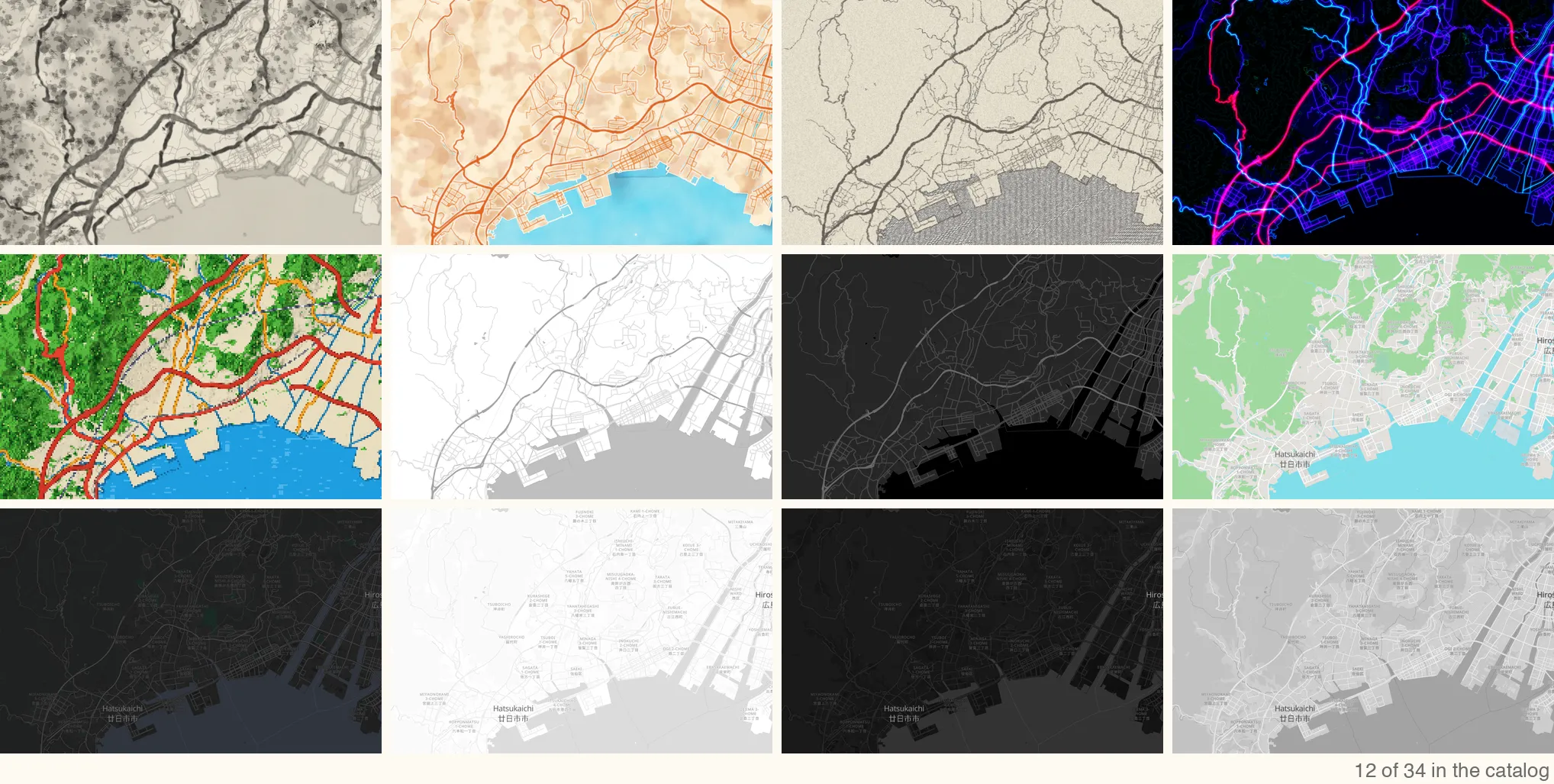 棚の中身。同じ地点・同じズームで並べた 12 テーマ