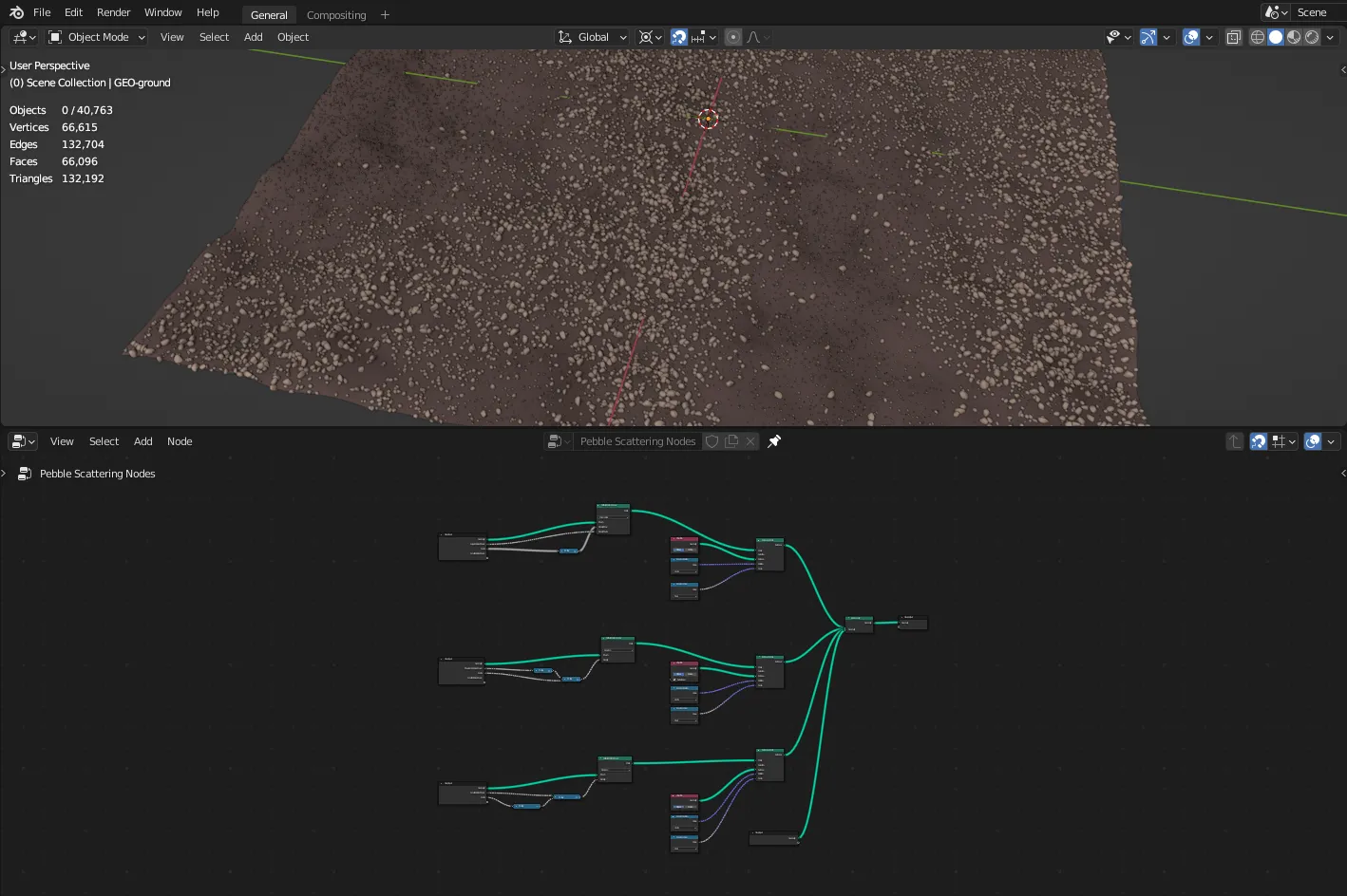 Blender's geometry nodes. The node graph below is what produces the viewport above — Simon Thommes / CC BY 4.0 (cropped)